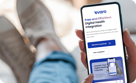 Mobile phone showing Evaro digital health integration app with text 'Free and Effortless Digital Health Integration'